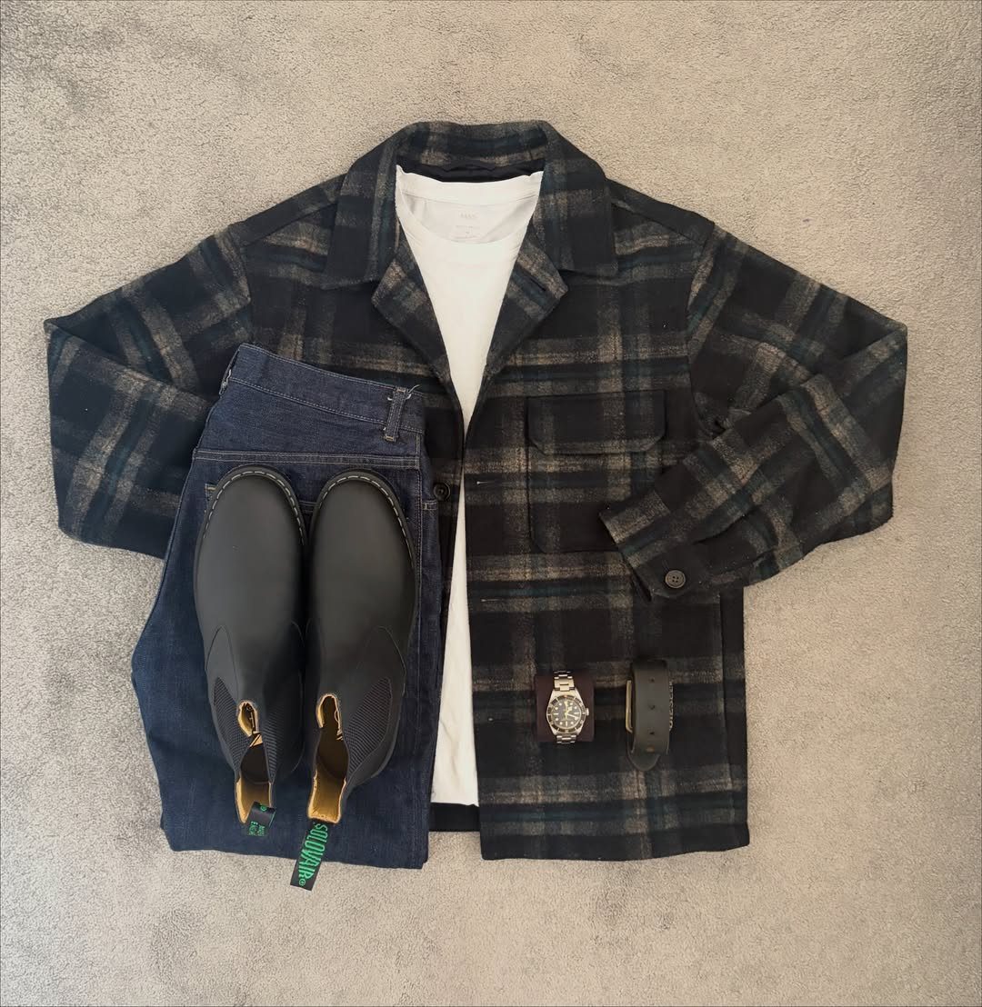 Men's winter outfit featuring black boots, blue jeans, and a dark plaid shirt.